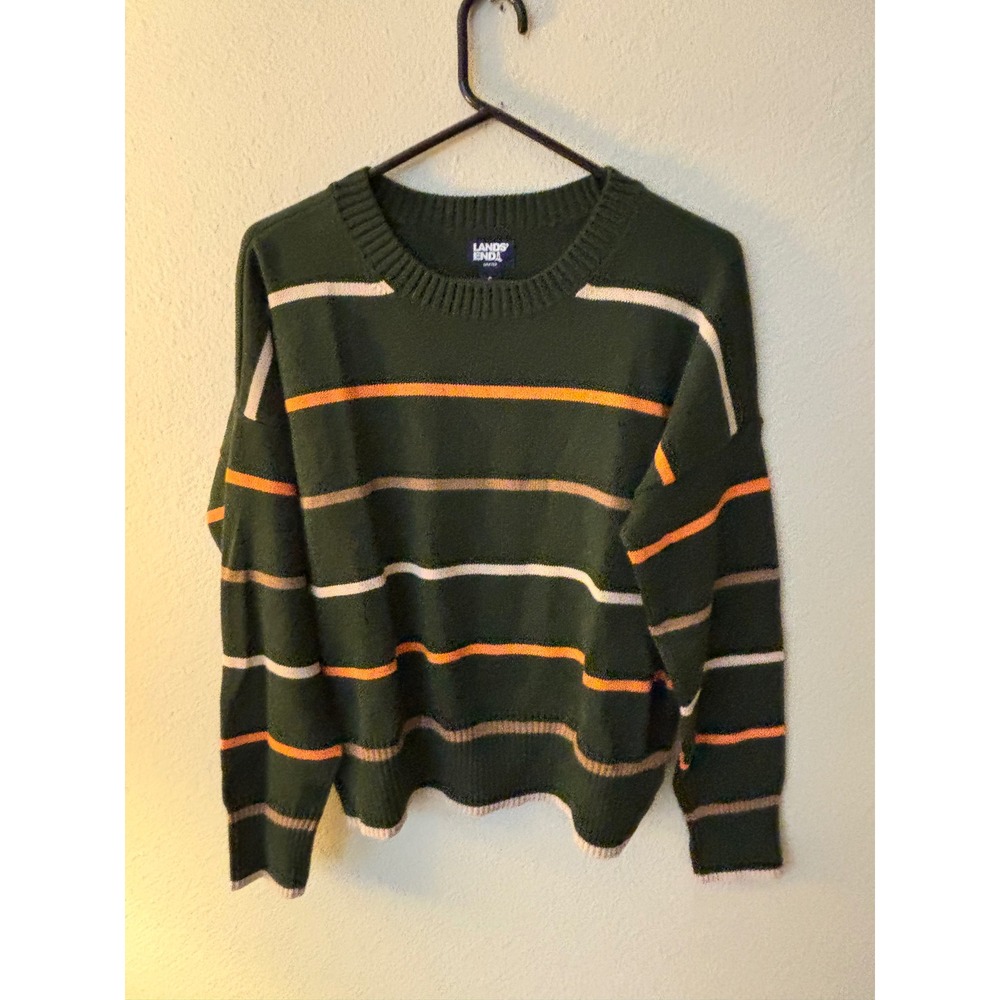Lands End Drifter Sweater Womens Small Green Striped Cotton Pullover
A1231